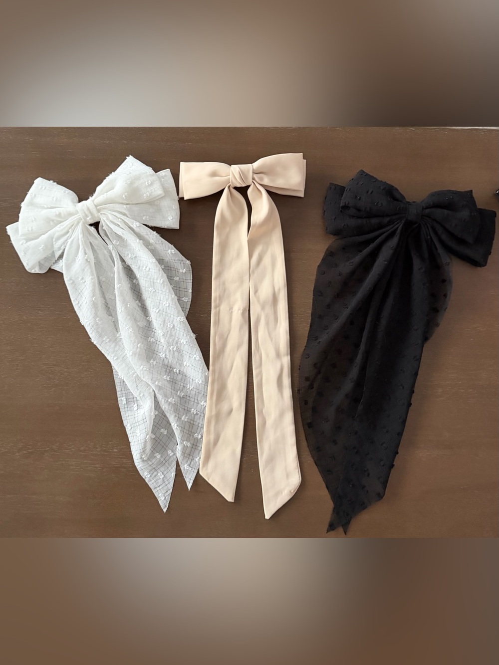 Lot of 3 Bow Barrette Hair Clips Long Tails White Beige Black